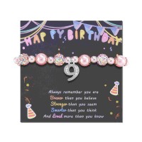 LAVEIR 2nd-13th Birthday Gifts, Pink Pearl and Rhinestone Number Pendant Bracelet for Girls Daughter Granddaughter Niece LE004-9th